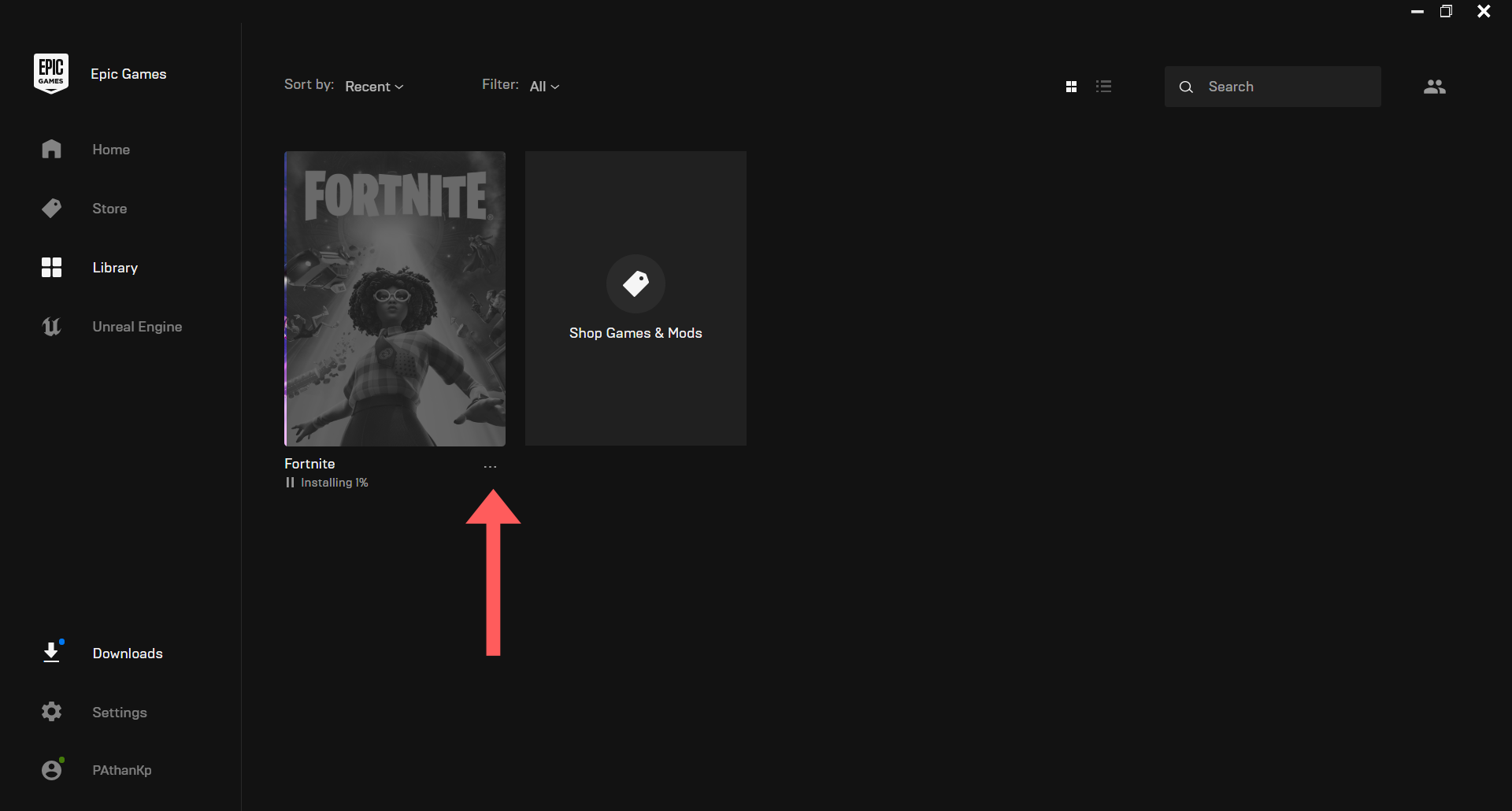Click on three dots to Cancel the Fortnite Download