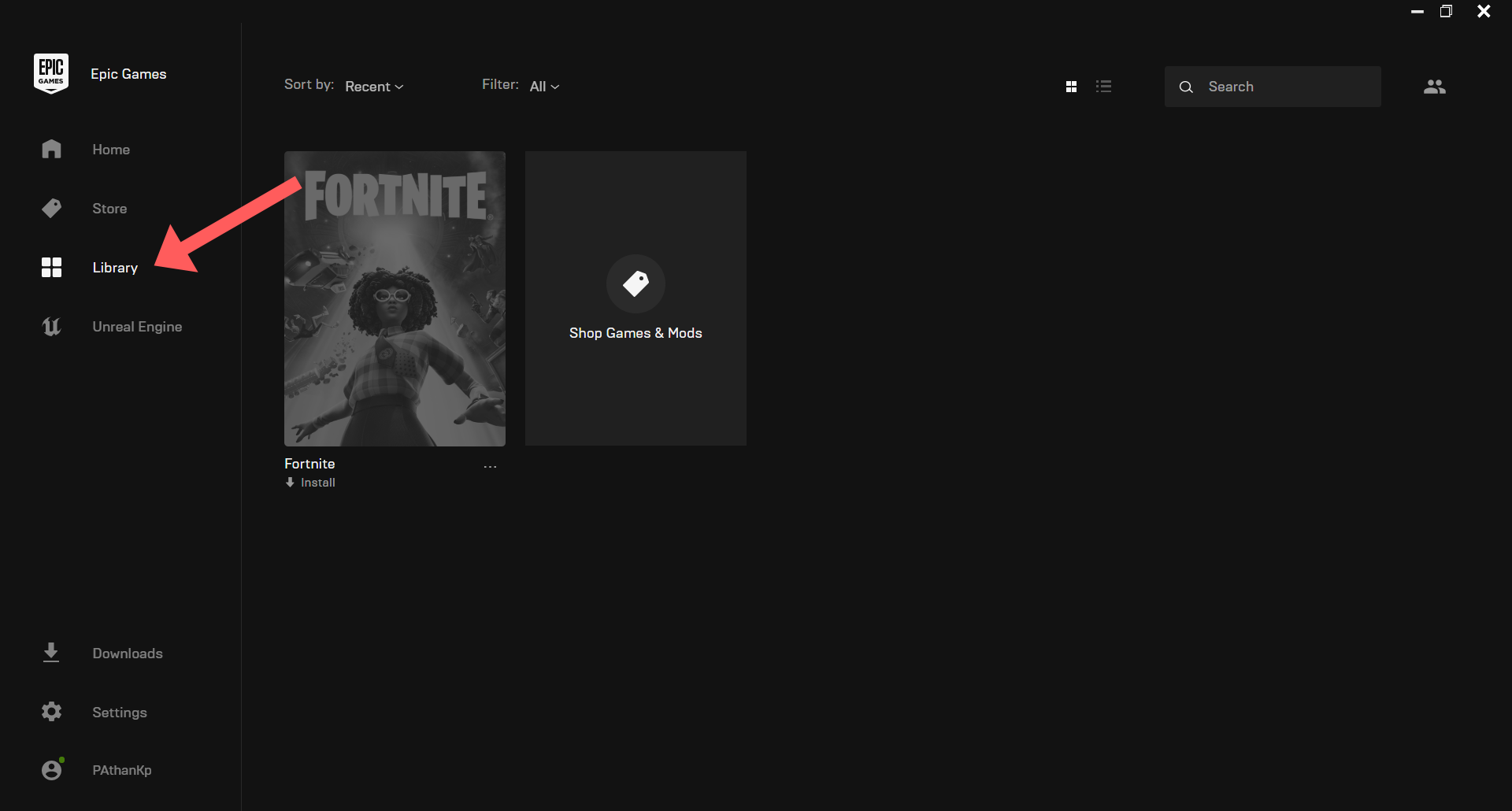 Select Library on Again on Epic Games Launcher